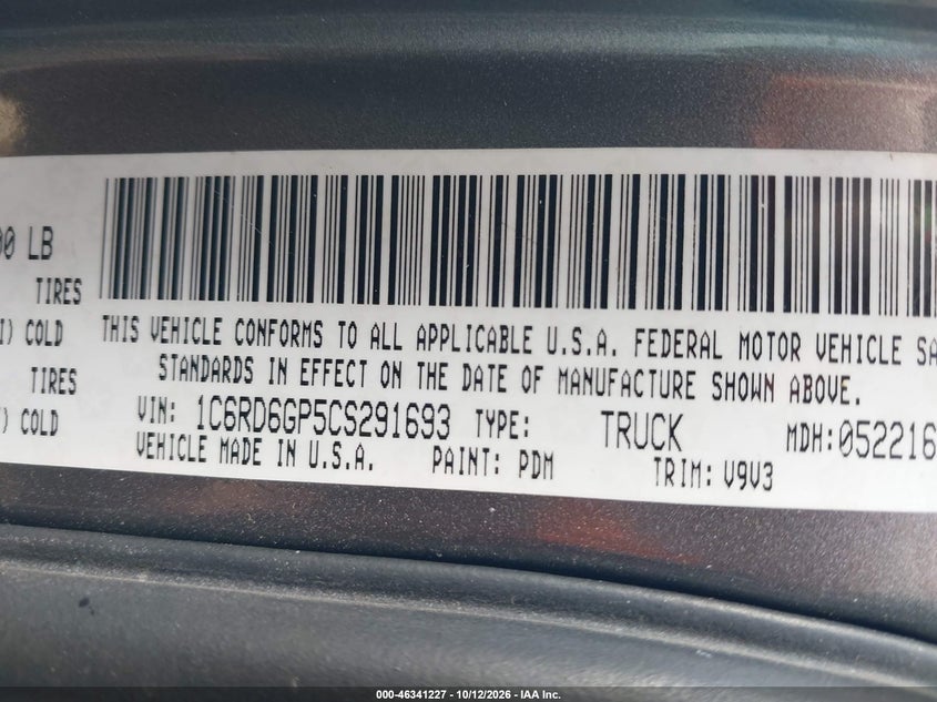 RAM 1500 2012 VIN 1C6RD6GP5CS291693