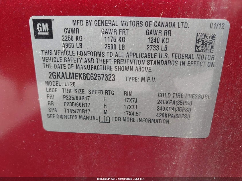 GMC TERRAIN 2012 VIN 2GKALMEK6C6257323