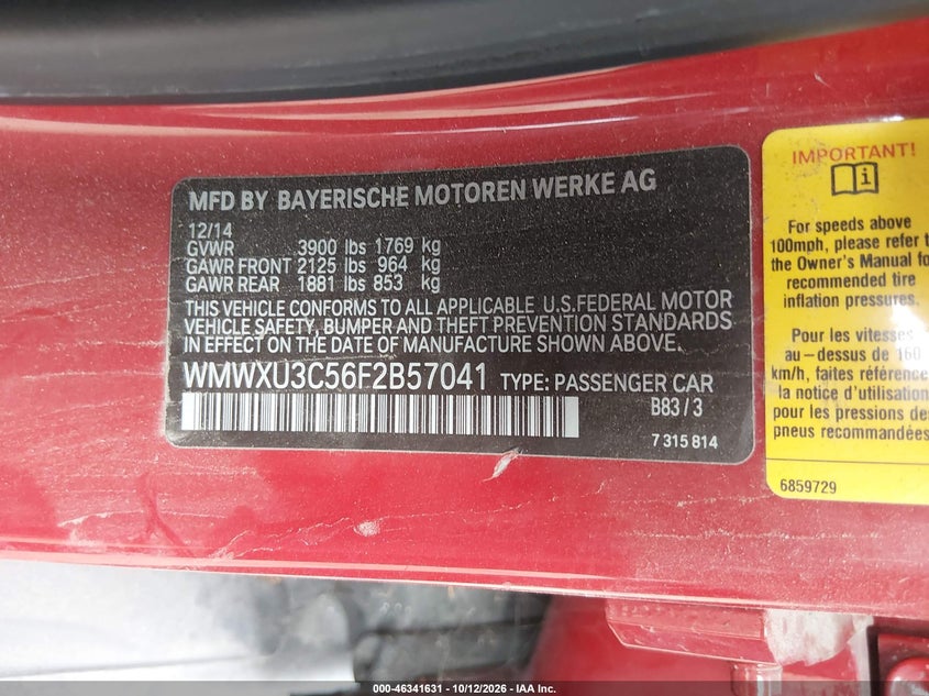 MINI HARDTOP 2015 VIN WMWXU3C56F2B57041