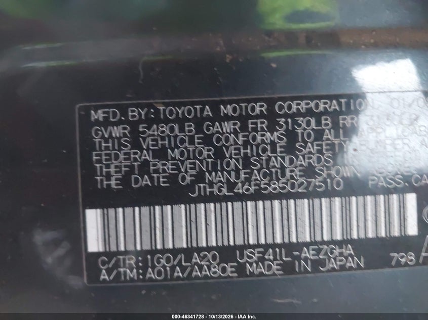 LEXUS LS 460 2008 VIN JTHGL46F585027510