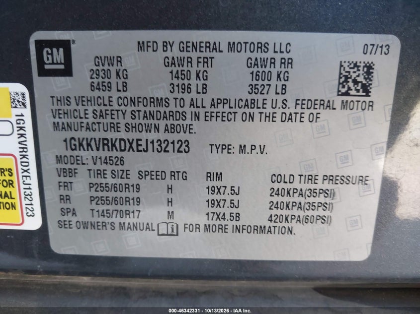 GMC ACADIA 2014 VIN 1GKKVRKDXEJ132123