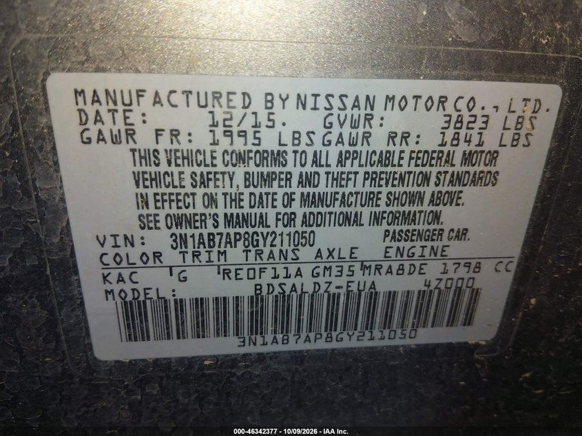 NISSAN SENTRA 2016 VIN 3N1AB7AP8GY211050