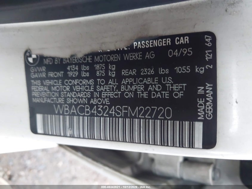BMW 325 1995 VIN WBACB4324SFM22720