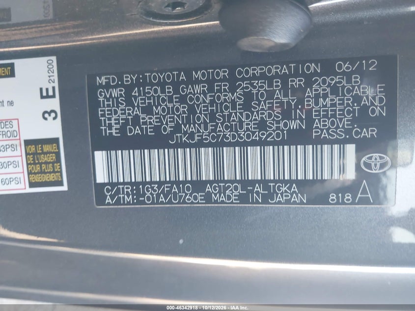 SCION TC 2013 VIN JTKJF5C73D3049201