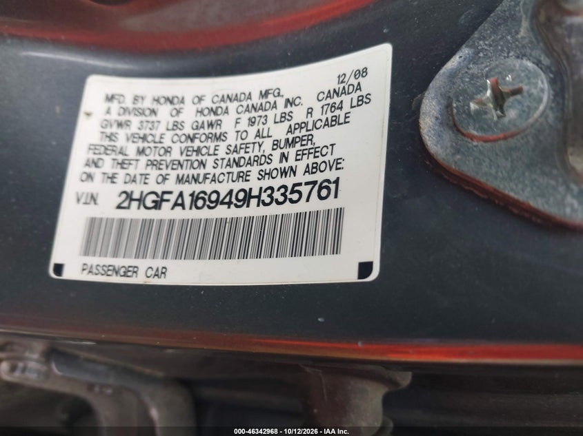 HONDA CIVIC 2009 VIN 2HGFA16949H335761