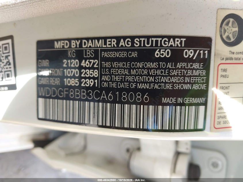 MERCEDES-BENZ C 300 2012 VIN WDDGF8BB3CA618086