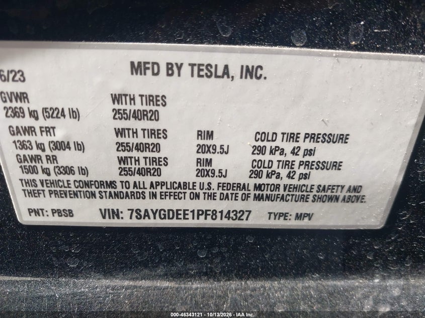 TESLA MODEL Y 2023 VIN 7SAYGDEE1PF814327