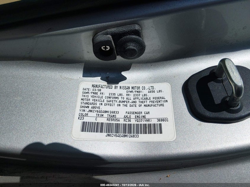 INFINITI G37 2008 VIN JNKCV64E48M124833