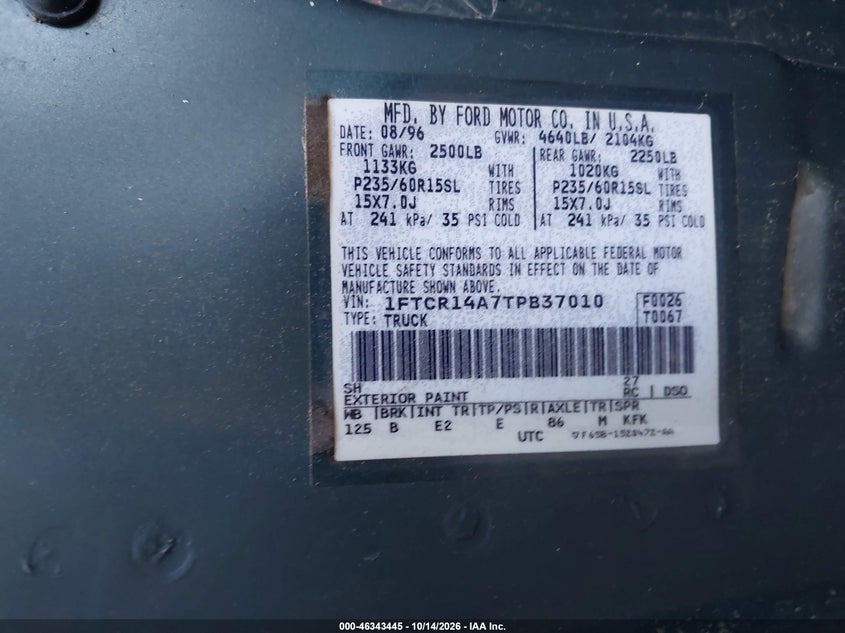 FORD RANGER 1996 VIN 1FTCR14A7TPB37010