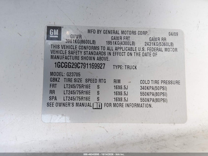 CHEVROLET EXPRESS 2500 2009 VIN 1GCGG29C791169927