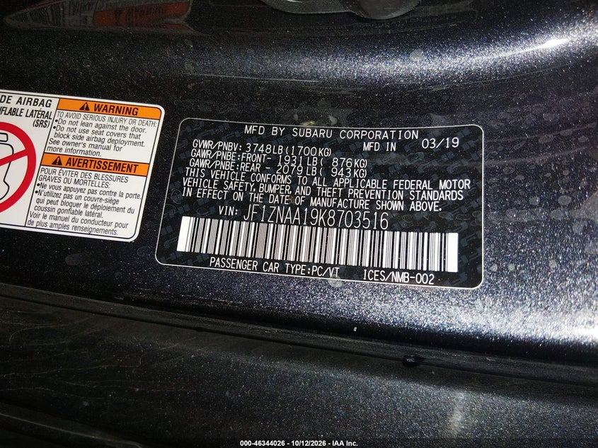 TOYOTA 86 2019 VIN JF1ZNAA19K8703516
