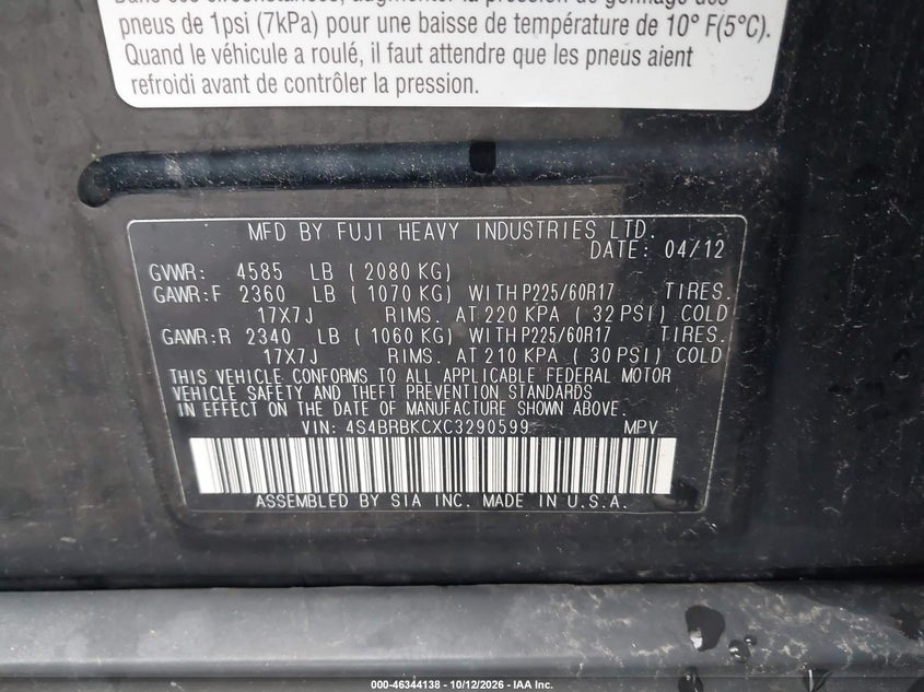 SUBARU OUTBACK 2012 VIN 4S4BRBKCXC3290599