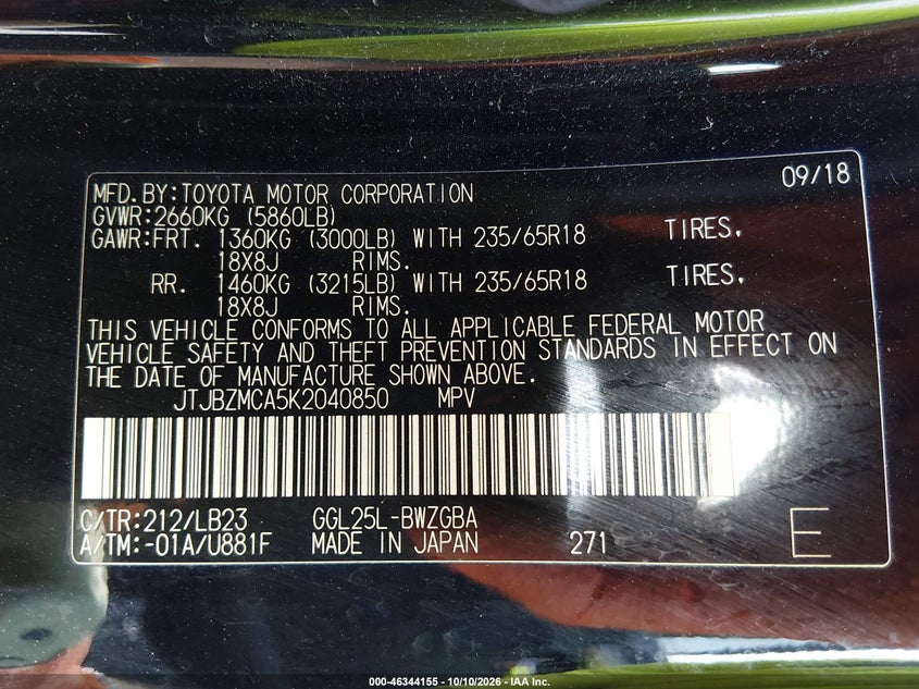 LEXUS RX 350 2019 VIN JTJBZMCA5K2040850