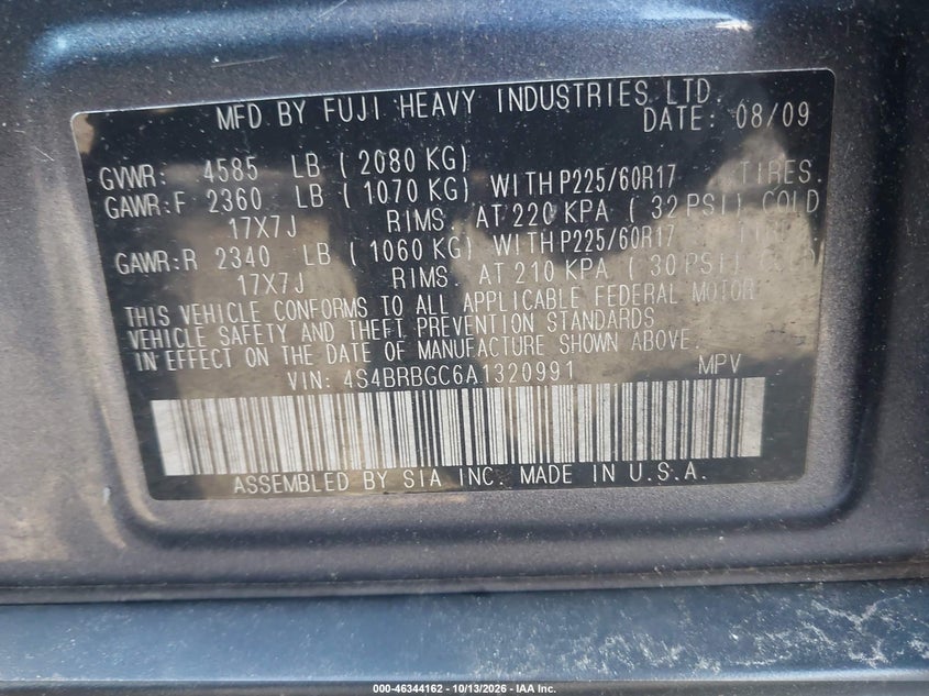 SUBARU OUTBACK 2010 VIN 4S4BRBGC6A1320991