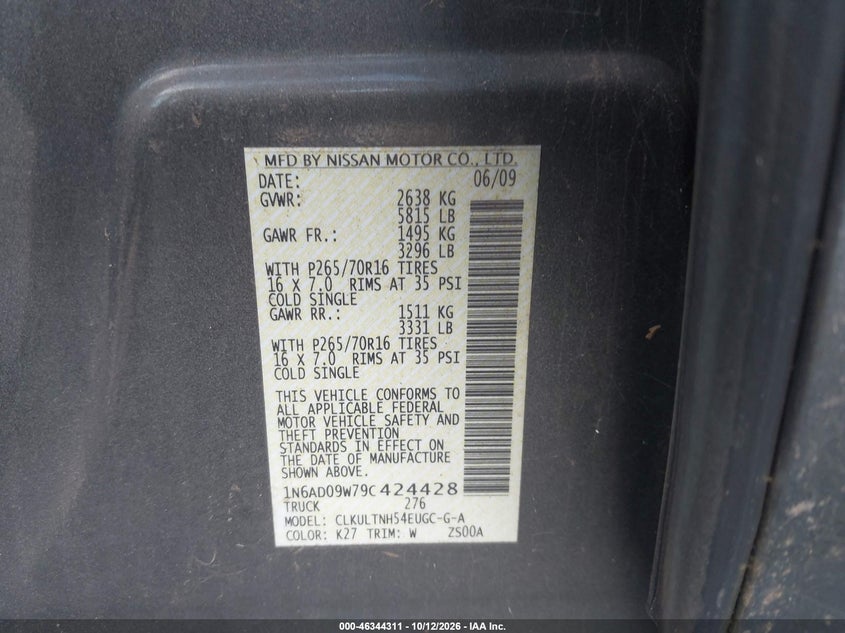 NISSAN FRONTIER 2009 VIN 1N6AD09W79C424428