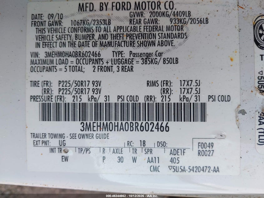 MERCURY MILAN 2011 VIN 3MEHM0HA0BR602466
