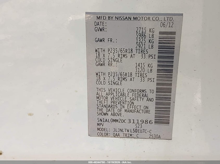 INFINITI JX35 2013 VIN 5N1AL0MM2DC311986
