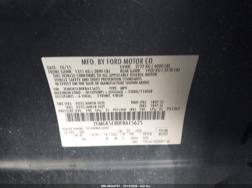 FORD FLEX 2015 VIN 2FMGK5C80FBA15625