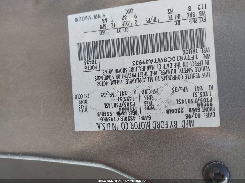 FORD RANGER 1998 VIN 1FTYR10C8WTA49933