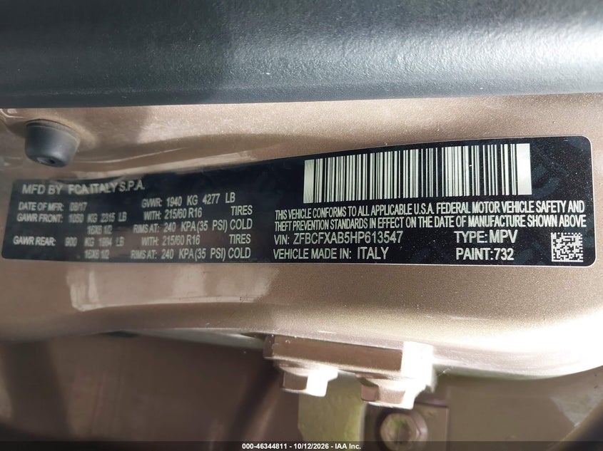 FIAT 500X 2017 VIN ZFBCFXAB5HP613547