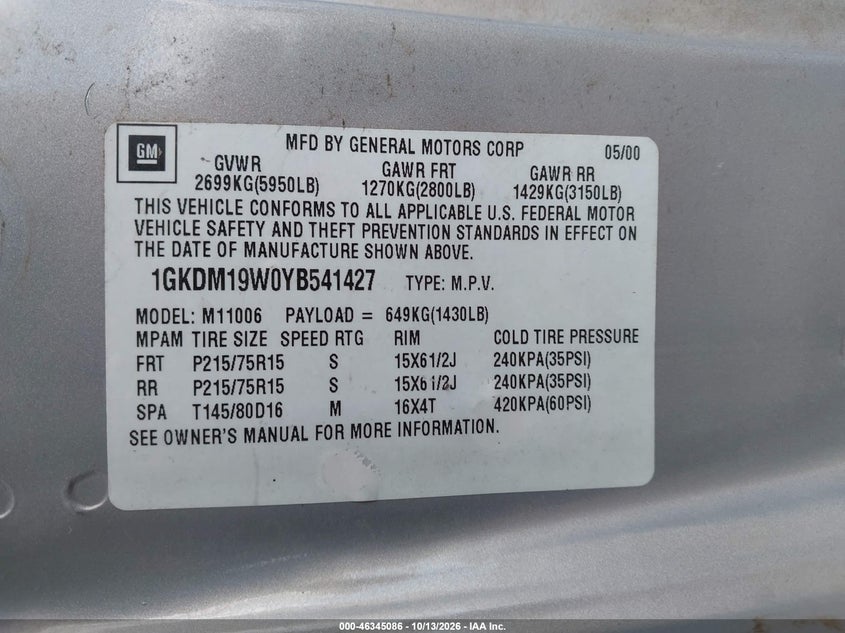 GMC SAFARI 2000 VIN 1GKDM19W0YB541427