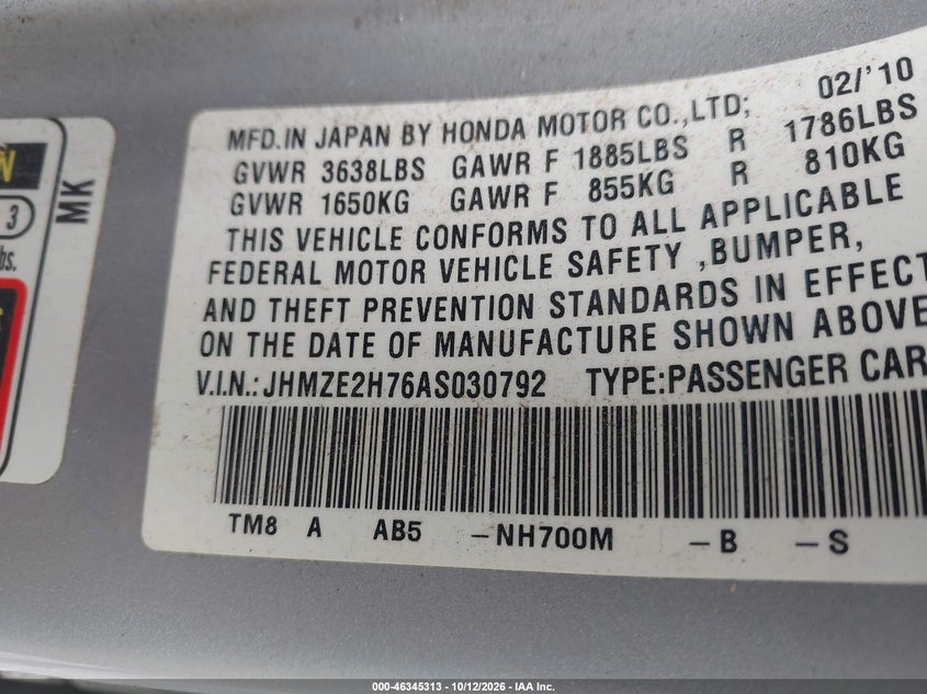 2010 HONDA INSIGHT VIN JHMZE2H76AS030792 — фото 9