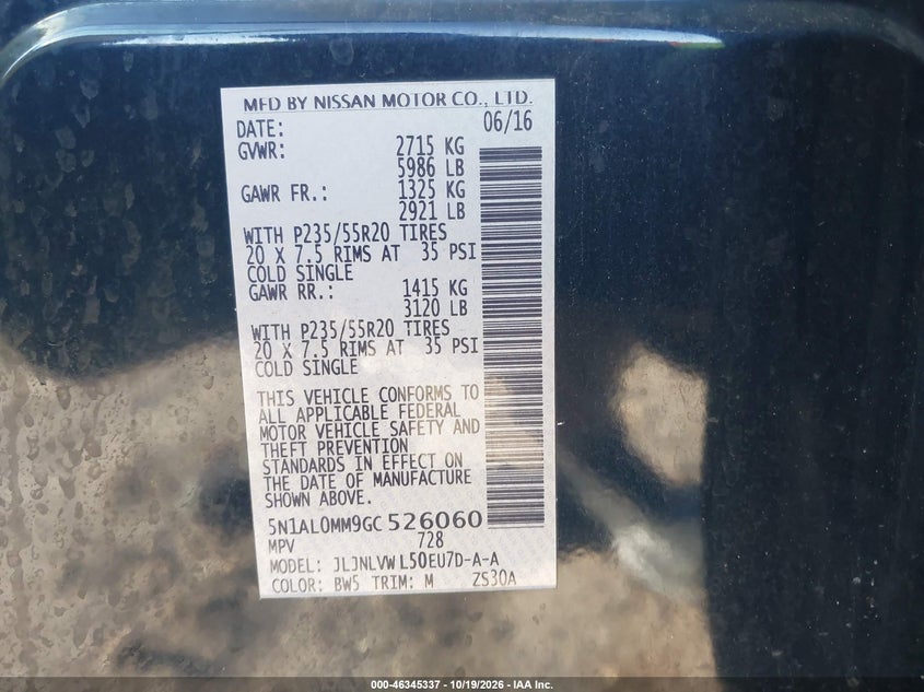 INFINITI QX60 2016 VIN 5N1AL0MM9GC526060