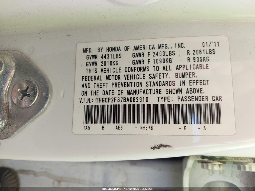 2011 HONDA ACCORD VIN 1HGCP2F87BA082910 — фото 9
