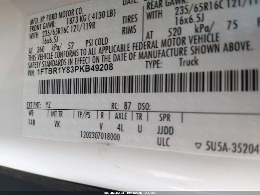FORD TRANSIT-250 2023 VIN 1FTBR1Y83PKB49208