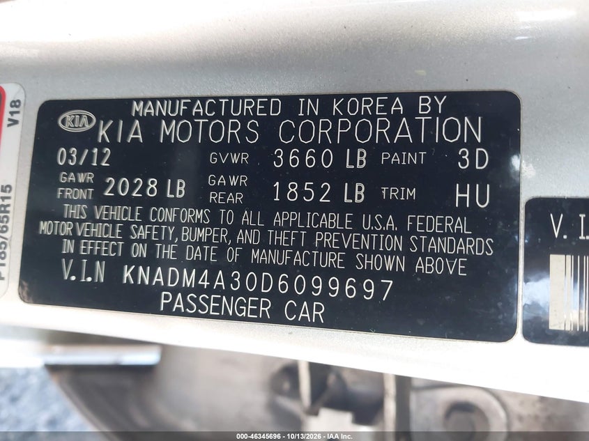 2013 Kia Rio Lx VIN: KNADM4A30D6099697 Lot: 46345696