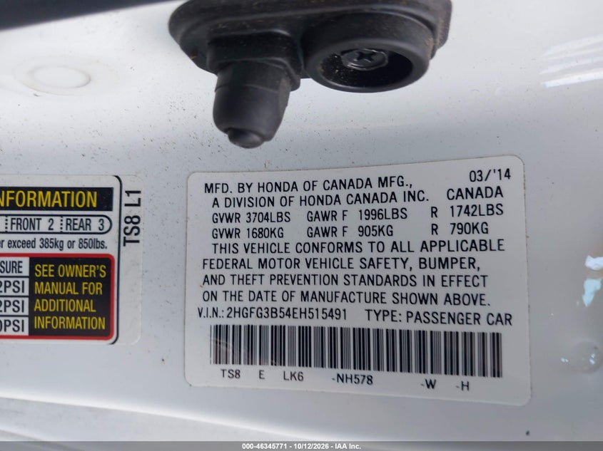 2014 HONDA CIVIC VIN 2HGFG3B54EH515491 — фото 9