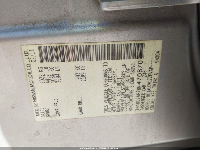 2011 NISSAN ALTIMA VIN 1N4BL2AP7BN470870 — фото 9
