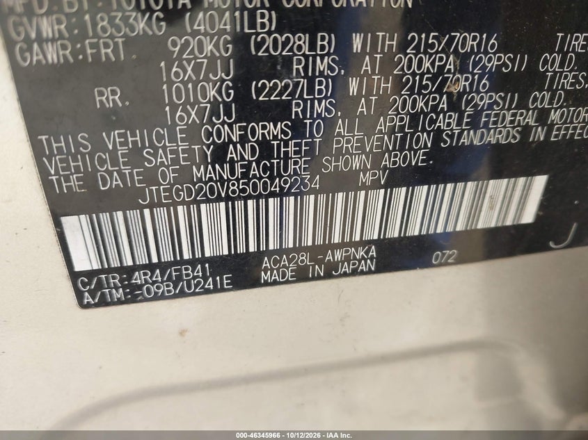 TOYOTA RAV4 2005 VIN JTEGD20V850049234