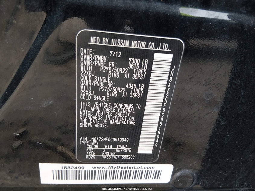 INFINITI QX56 2012 VIN JN8AZ2NF5C9519049
