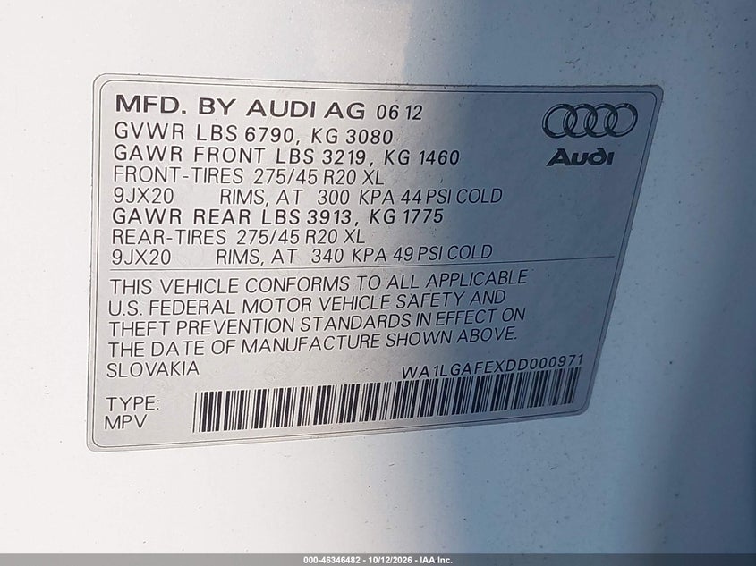AUDI Q7 2013 VIN WA1LGAFEXDD000971