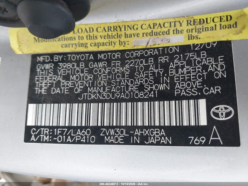 TOYOTA PRIUS 2010 VIN JTDKN3DU9A0108241