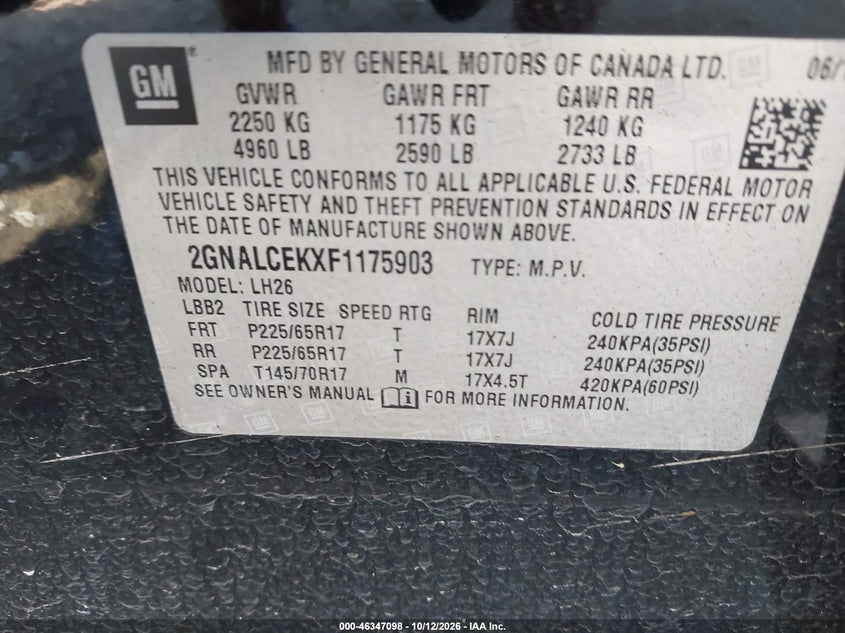 2015 CHEVROLET EQUINOX VIN 2GNALCEKXF1175903 — фото 9