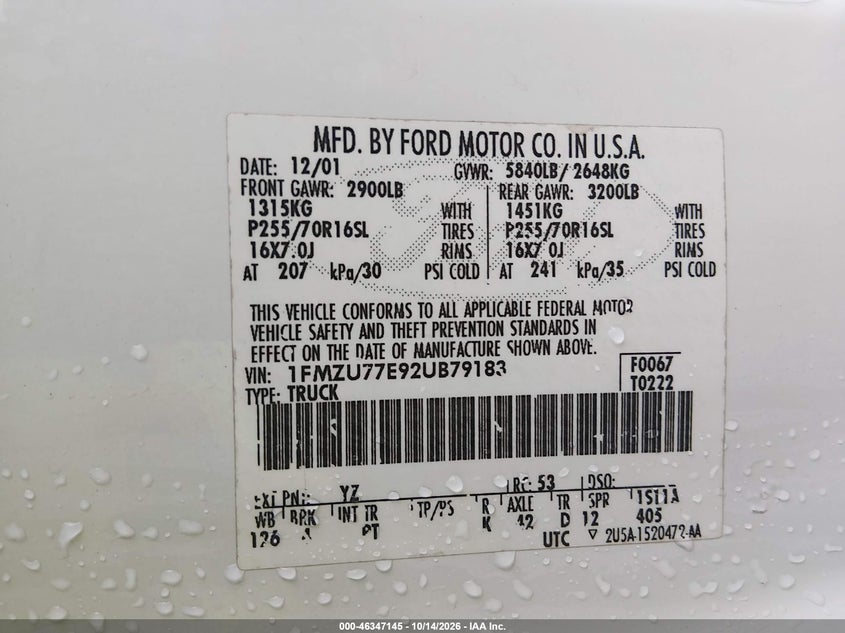 FORD EXPLORER SPORT TRAC 2002 VIN 1FMZU77E92UB79183