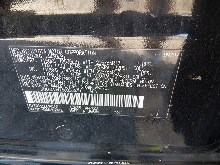TOYOTA RAV4 2008 VIN JTMZD33V786056630