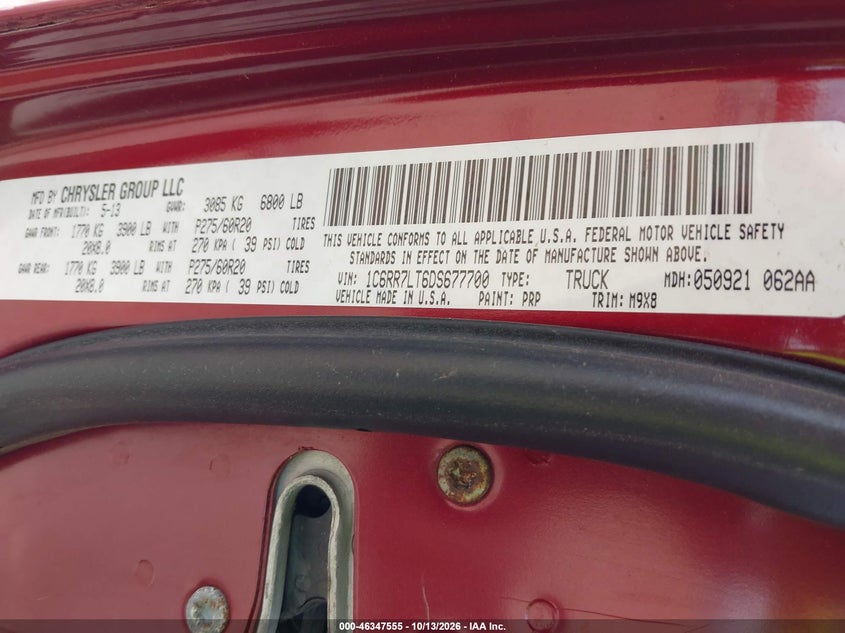 RAM 1500 2013 VIN 1C6RR7LT6DS677700