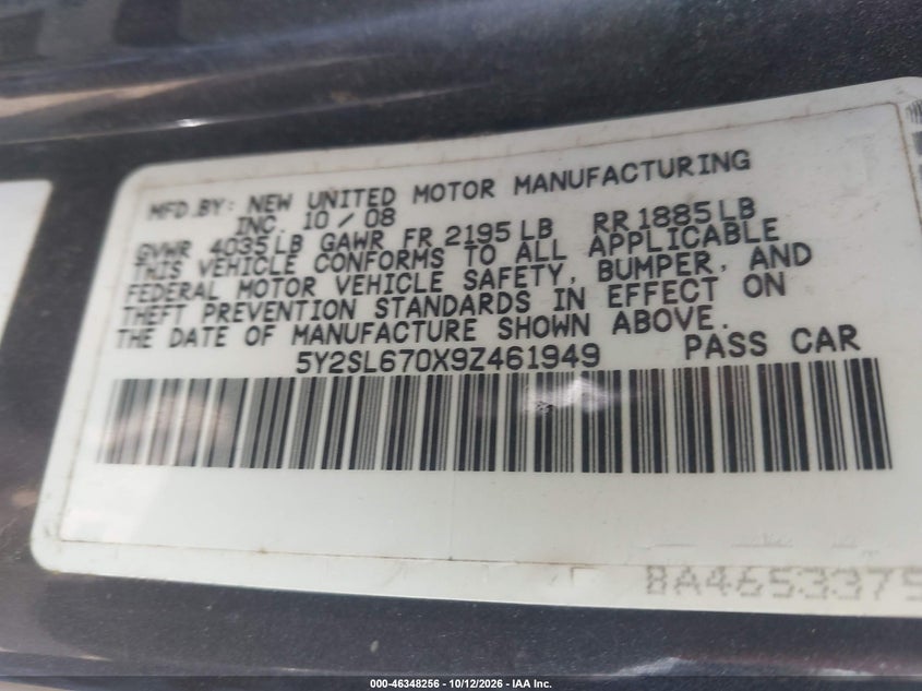 PONTIAC VIBE 2009 VIN 5Y2SL670X9Z461949