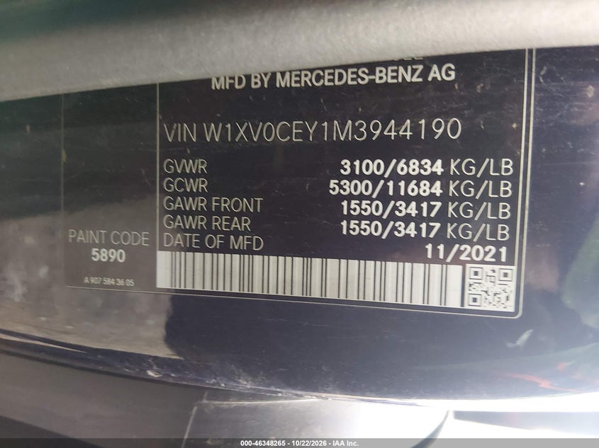 Vin: w1xv0cey1m3944190, lot: 46848533, mercedes-benz metris 20214