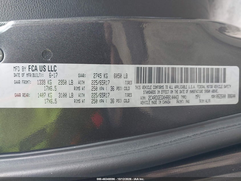 DODGE GRAND CARAVAN 2017 VIN 2C4RDGEGXHR814443
