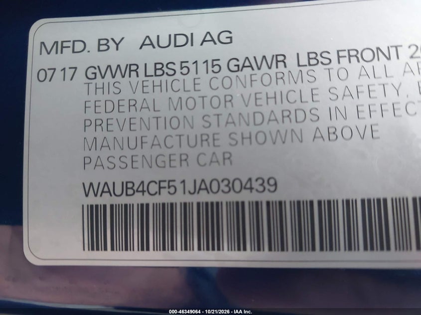 AUDI S5 2018 VIN WAUB4CF51JA030439