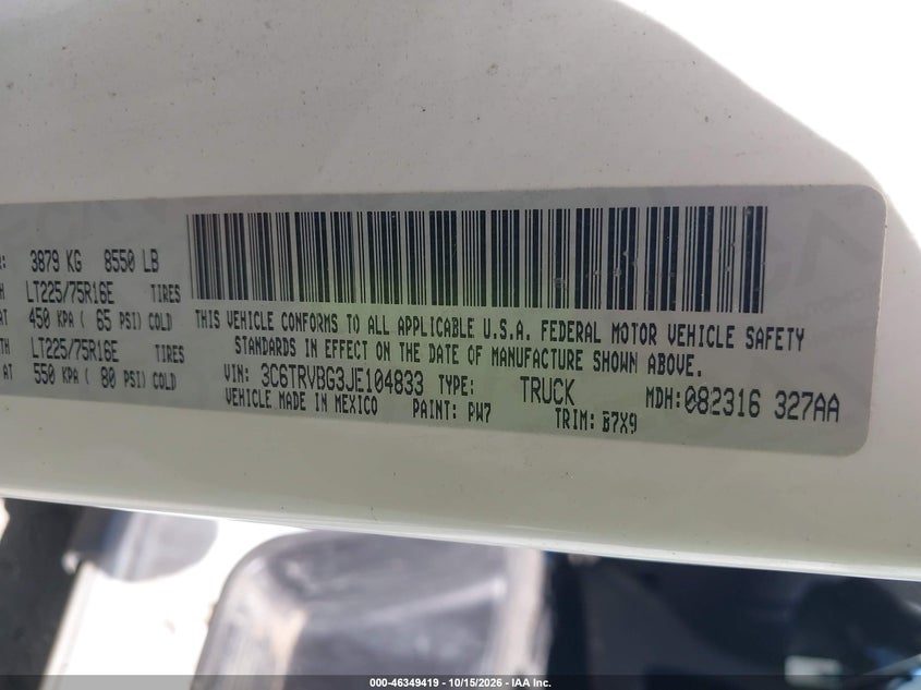 RAM PROMASTER 1500 2018 VIN 3C6TRVBG3JE104833