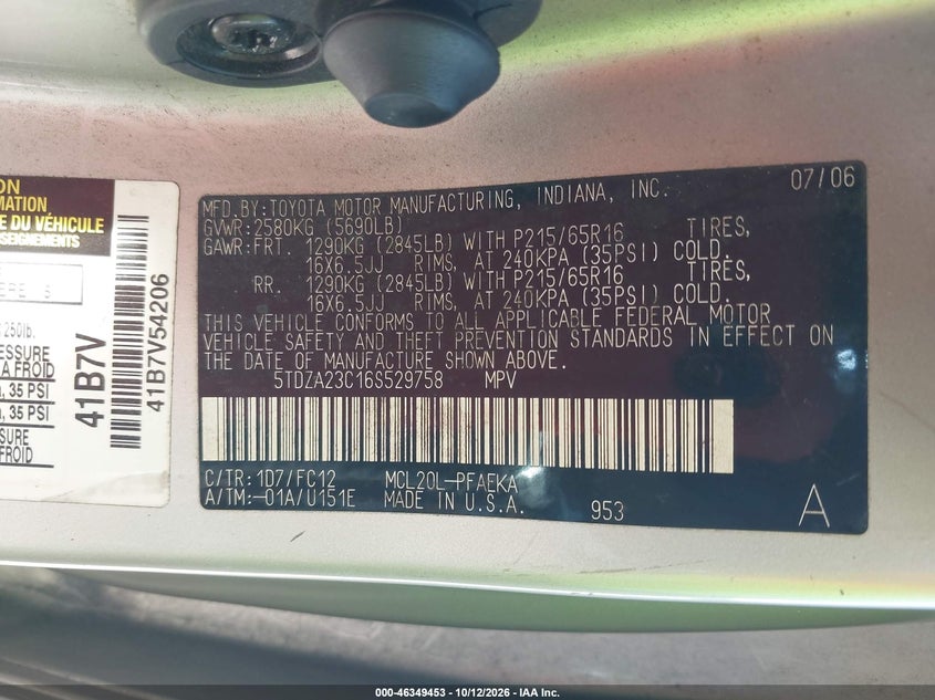 TOYOTA SIENNA 2006 VIN 5TDZA23C16S529758