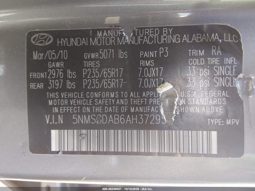HYUNDAI SANTA FE 2010 VIN 5NMSGDAB6AH372956