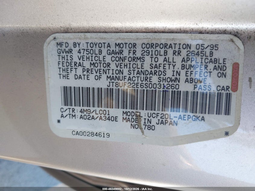 LEXUS LS 1995 VIN JT8UF22E6S0031260