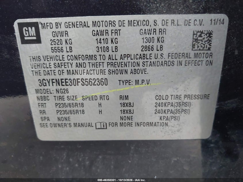 CADILLAC SRX 2015 VIN 3GYFNEE30FS562360