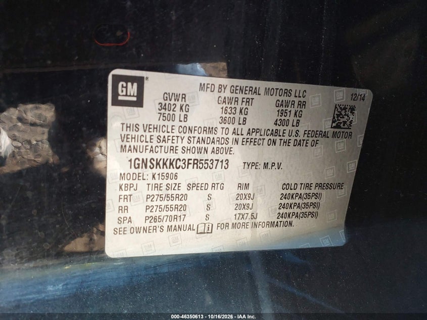 CHEVROLET SUBURBAN 1500 2015 VIN 1GNSKKKC3FR553713